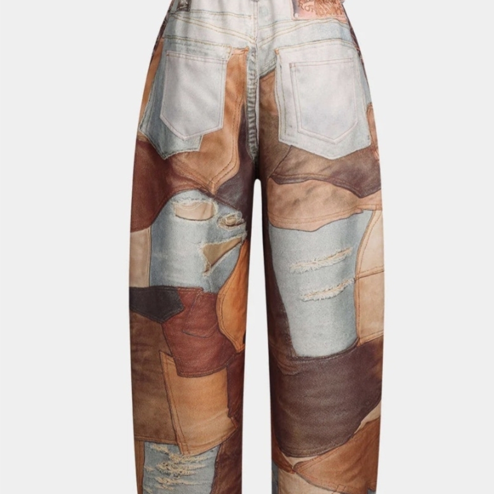 Patchwork Flare Jeans in Multi Brown and Blue